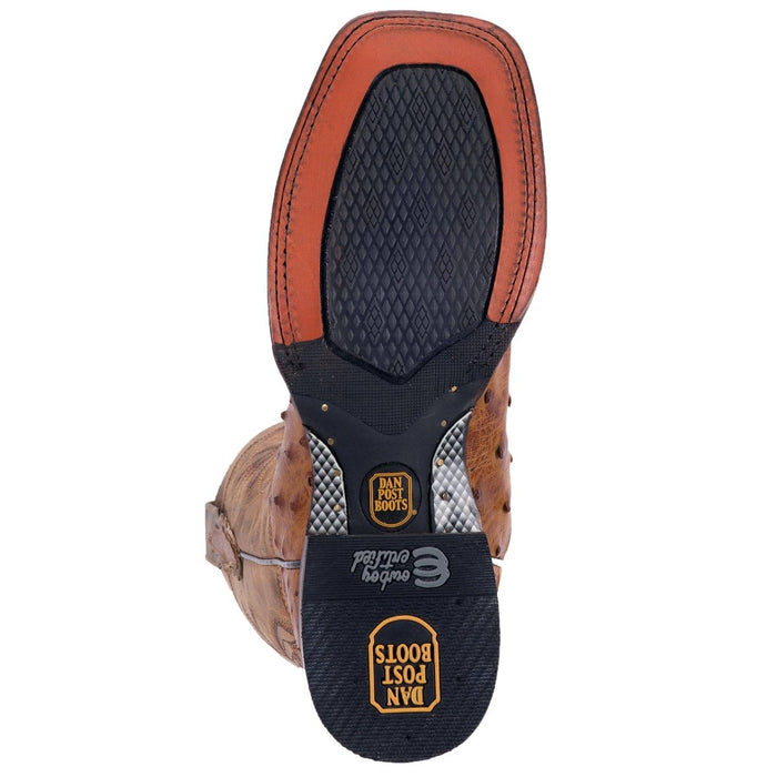 Dan Post Alamosa men's boots. Tan, full quill ostrich leather upper with textured pattern. Square toe. Black rubber sole with logo, textured grip. Rounded heel with orange accent.
