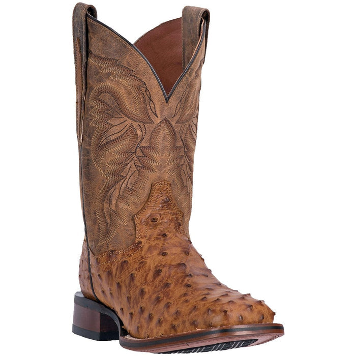 Dan Post Alamosa men's boots: Full quill ostrich leather, square toe, tan color. Textured finish with leaf-pattern stitching on the shaft. Traditional heel, rubber outsole, and comfortable interior.
