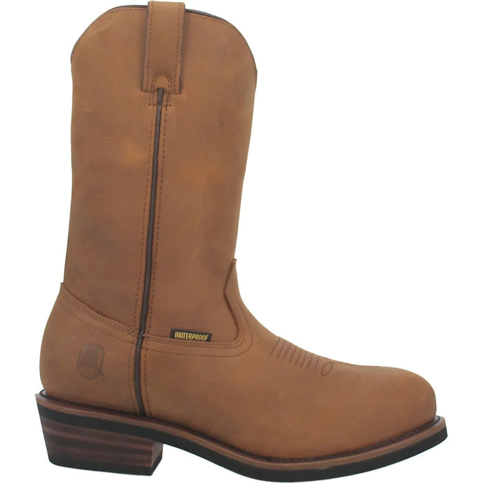 Dan Post Albuquerque work boots. Brown leather, tall shaft, pointed toe, stacked heel. Minimal stitching, waterproof. Pull tab for easy wear.
