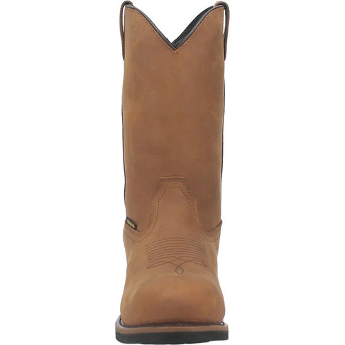 Dan Post Alburquerque men's work boots in smooth brown leather. Tall with pointed toe, decorative stitching, and black inner lining. Durable, likely rubber sole.
