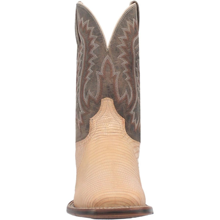 Dan Post Barrett boots: Men's genuine lizard square toe. Tan lizard foot, dark brown leather shaft with chevron stitching. Mid-calf height, distinctive square toe.
