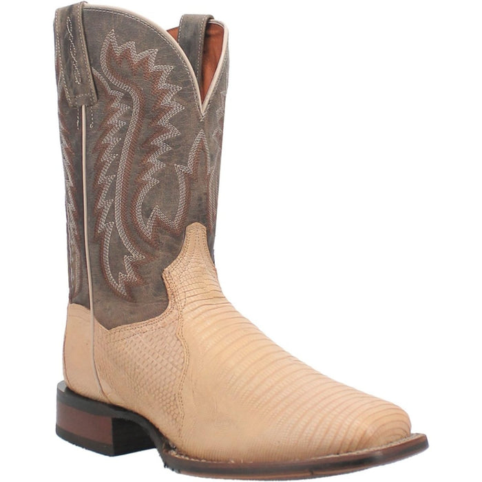 Dan Post Men's Barrett boots: Brown leather upper with embroidery, light tan lizard vamp, and square toe. Dark wood heel. Stylish & authentic.
