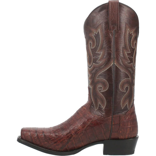 Dan Post Stalker boots for men. Brown genuine caiman belly leather upper with square toe. Decorative stitched shaft, pull tabs, and stacked, tapered heel.
