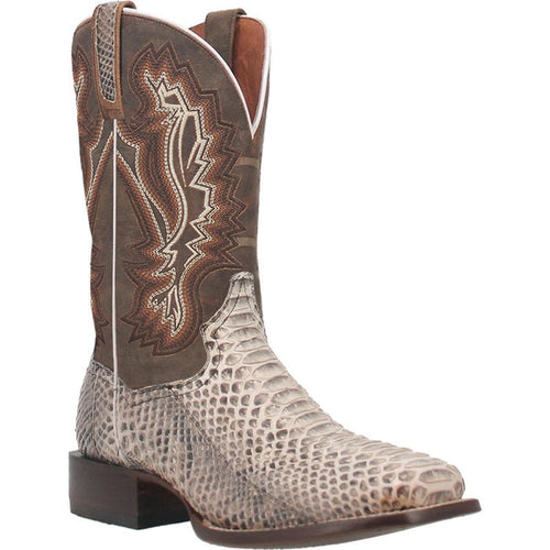 Dan Post Winston boots: Men's round toe boots with a tall shaft. Dark brown leather upper with detailed stitching. Beige lizard skin lower. Short, block heel & pull tabs for easy wear.
