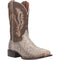 Dan Post Winston boots: Men's round toe boots with a tall shaft. Dark brown leather upper with detailed stitching. Beige lizard skin lower. Short, block heel & pull tabs for easy wear.
