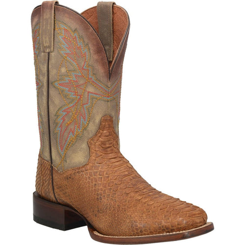 Dan Post men's Dry Gulch boots. Tall shaft, light brown patterned python snakeskin upper with multicolored embroidered design. Square toe and elevated heel. Sturdy sole.
