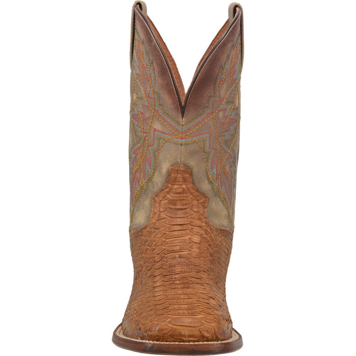 Dan Post Dry Gulch boots: Men's snakeskin square toe with a tall shaft and dip. Tan python upper with light brown leather accents. Geometric embroidery. Smooth, flat outsole with a slight curve.
