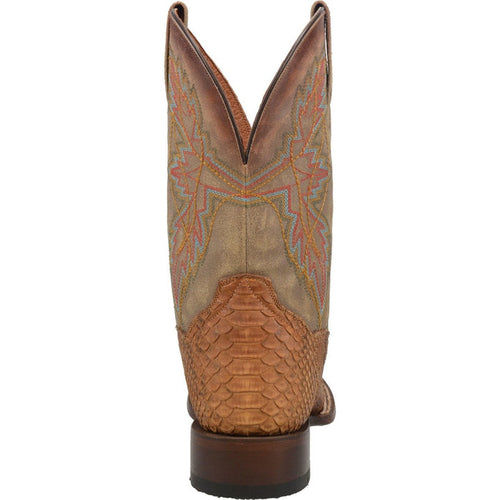 Dan Post Dry Gulch boots: Men's square toe, textured python snakeskin upper with leather accents. Brown tones, multicolored stitching, and a solid dark heel complete the design.
