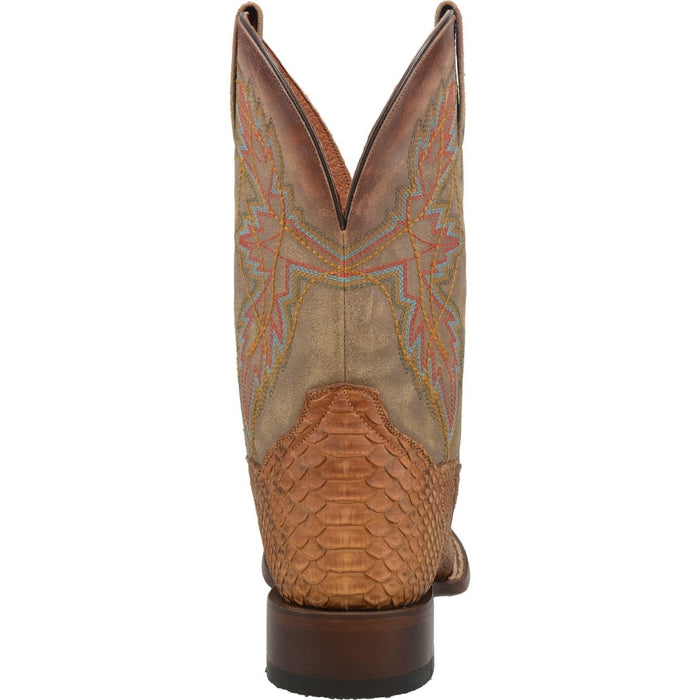 Dan Post Dry Gulch boots: Men's square toe, textured python snakeskin upper with leather accents. Brown tones, multicolored stitching, and a solid dark heel complete the design.
