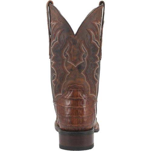Dan Post Men's Kingly boots. Genuine caiman belly with square toe. Tall shaft, cowboy-style tops, and dark brown textured leather. Detailed stitching, robust sole, and crocodile-like pattern.
