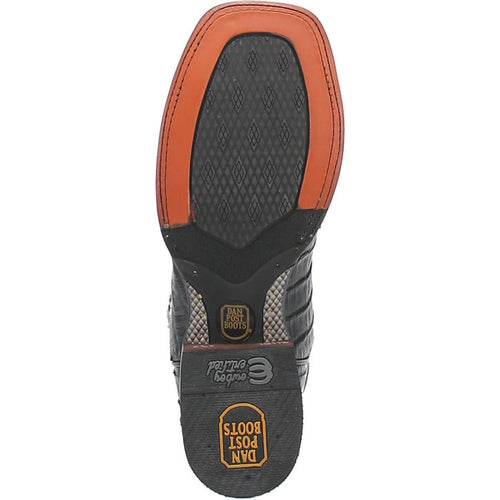 Dan Post Men's Pershing Boots: Black full quill ostrich leather upper, round toe, and contrasting heel/outsole. Textured, two-tone outsole with patterned tread & branding.
