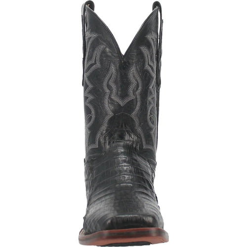 Dan Post Pershing boots for men. Black full quill ostrich leather with a round toe. Tall shaft with decorative stitching and a contrasting tan sole.

