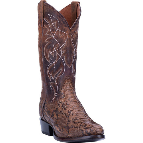 Dan Post Men's Manning Python boots: Brown snakeskin with a textured, scaled pattern and white stitching. Tall shaft, pointed top, round toe, and a durable black heel.
