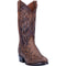 Dan Post Men's Manning Python boots: Brown snakeskin with a textured, scaled pattern and white stitching. Tall shaft, pointed top, round toe, and a durable black heel.
