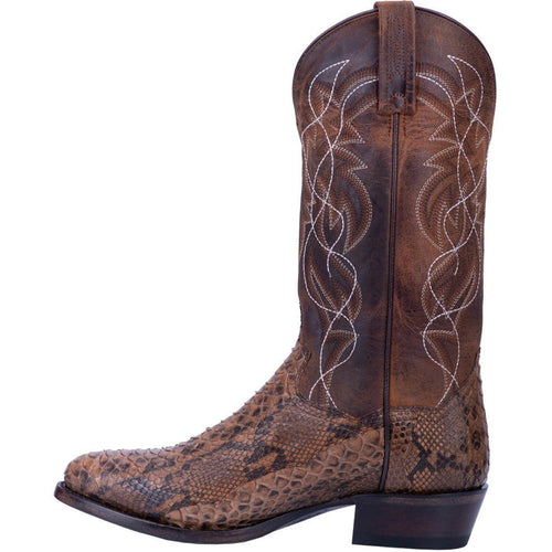 Dan Post Men's Manning Python boots. Round toe, snakeskin pattern in brown shades. Intricate white stitching on the shaft. Elevated heel, classic western design.
