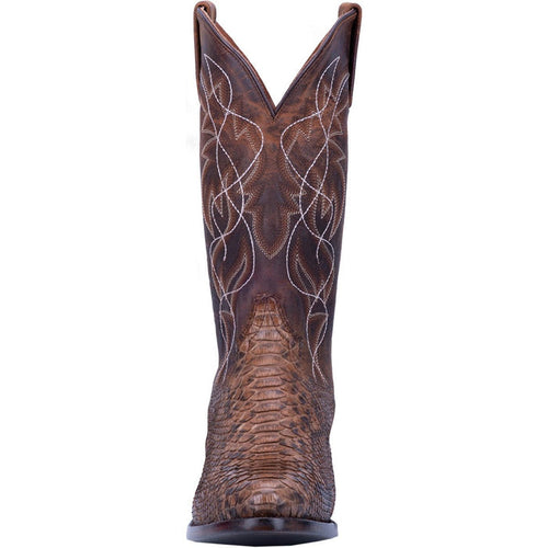 Dan Post Manning boots: Brown python snakeskin exterior, tall shaft with V-cut. Light stitching creates patterned effect. Round toe, sturdy sole for support.
