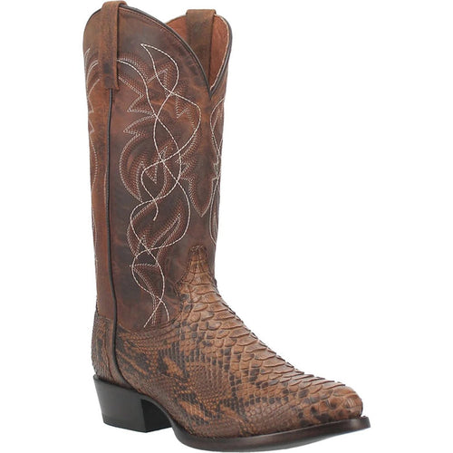 Dan Post Men's Manning Python boots: Brown snakeskin exterior with textured pattern. Round toe, tall shaft with stitched detailing. High heel, smooth sole.
