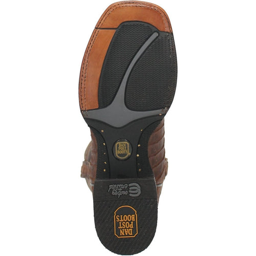 Dan Post Bayou men's boots: Genuine caiman belly leather in brown tones. Square toe, western silhouette with detailed stitching. Smooth sole with rubber traction and branded emblem.
