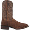Dan Post Men's Bayou boots: genuine caiman belly leather, square toe, pull-on design. Rich brown color, distinctive stitching, stacked leather-look sole. Scaled texture.
