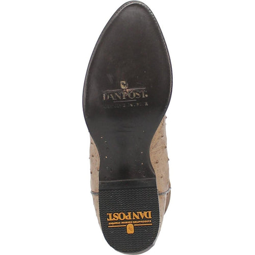 Dan Post men's Pershing boots. Light beige, full quill ostrich leather. Round toe. Black sole with treaded grip and "Dan Post" branding. Smooth finish. No visible metal.
