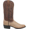 Dan Post Men's Pershing Boots: Beige full quill ostrich leather body, dark brown upper. Round toe, stitched shaft design. Black, elevated sole. Premium leather construction with unique ostrich skin texture.
