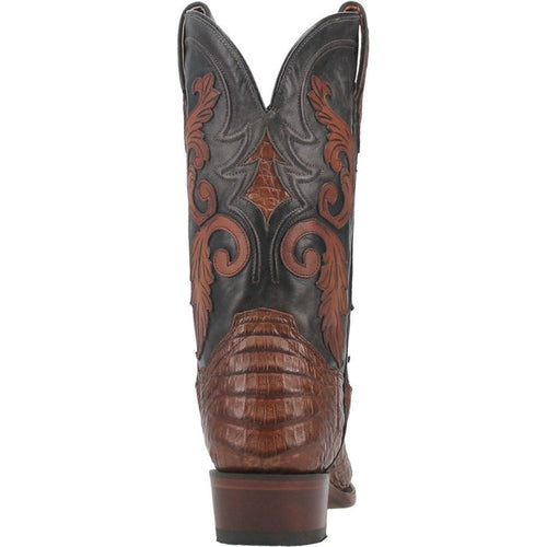 Dan Post Kershaw boots. Black leather shaft, brown floral embroidery, full quill ostrich toe. Square toe, stacked heel. Rich brown tones.
