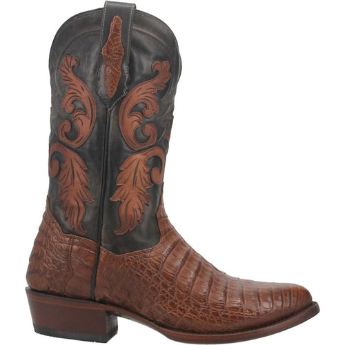 Dan Post Kershaw men's boots: Brown full quill ostrich leather, square toe, stacked heel. Textured finish, contrasting stitch details on shaft. Intricate floral patterns, pull tabs for easy wear.
