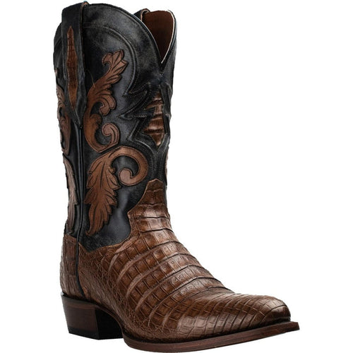 Dan Post Kershaw boots: Men's full quill ostrich. Brown crocodile vamp, black leather overlays, square toe. Tall shaft, decorative stitching. Sturdy sole with heel.
