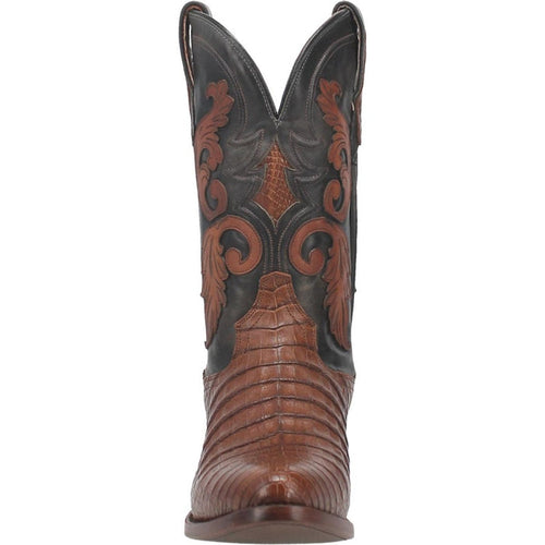 Dan Post Kershaw boots: Men's full quill ostrich, square toe. Brown ostrich toe/shaft, dark leather upper with floral patterns. Detailed stitching, smooth sole. Tall, pointed silhouette.
