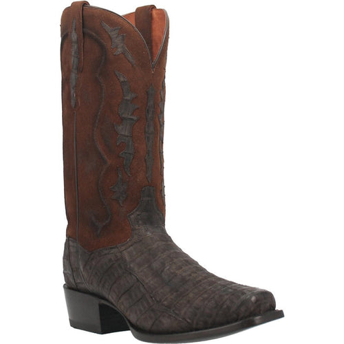 Dan Post Men's Kingly boots: brown suede/dark caiman belly. Square toe, tall shaft with stitching, and a slightly raised heel. Seamless material integration.
