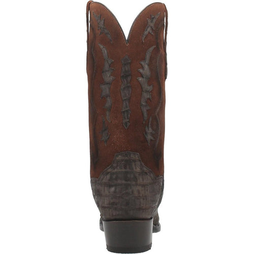 Dan Post Kingly boots: Genuine Caiman belly. Tall shaft, brown leather with darker accents. Ornate stitching on back. Square toe, solid sole.
