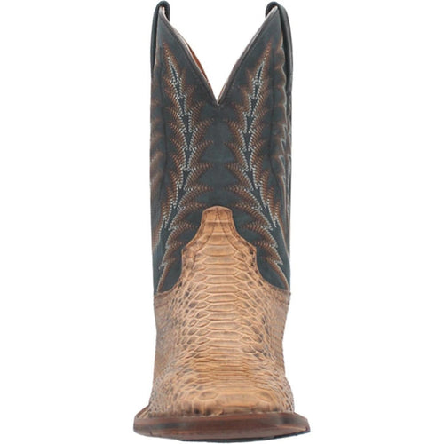 Dan Post men's Templeton Python boots: Beige python snakeskin lower, dark leather upper. Square toe, raised stitching, slightly elevated heel. Classic western style.
