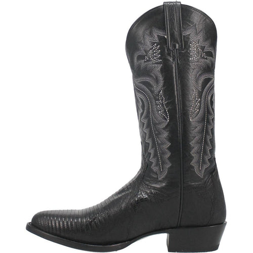 Dan Post Winston men's boots: Genuine lizard leather with a sleek, black design and elongated silhouette. Features a round toe, intricate stitching, and a low block heel.
