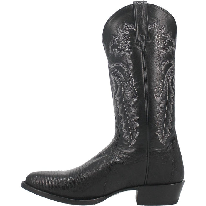 Dan Post Winston men's boots: Genuine lizard leather with a sleek, black design and elongated silhouette. Features a round toe, intricate stitching, and a low block heel.
