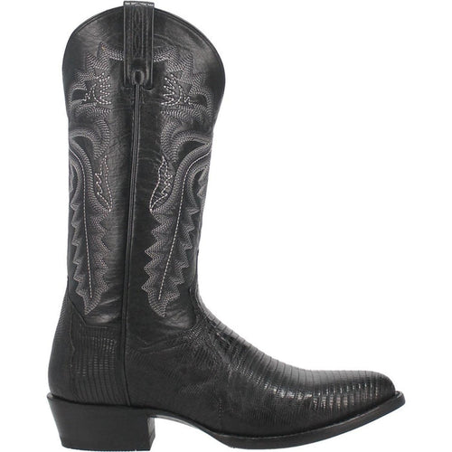 Dan Post Winston men's boots: Genuine black lizard leather. Tall shaft, round toe, and stacked heel. Elegant stitching details on the upper for visual appeal.
