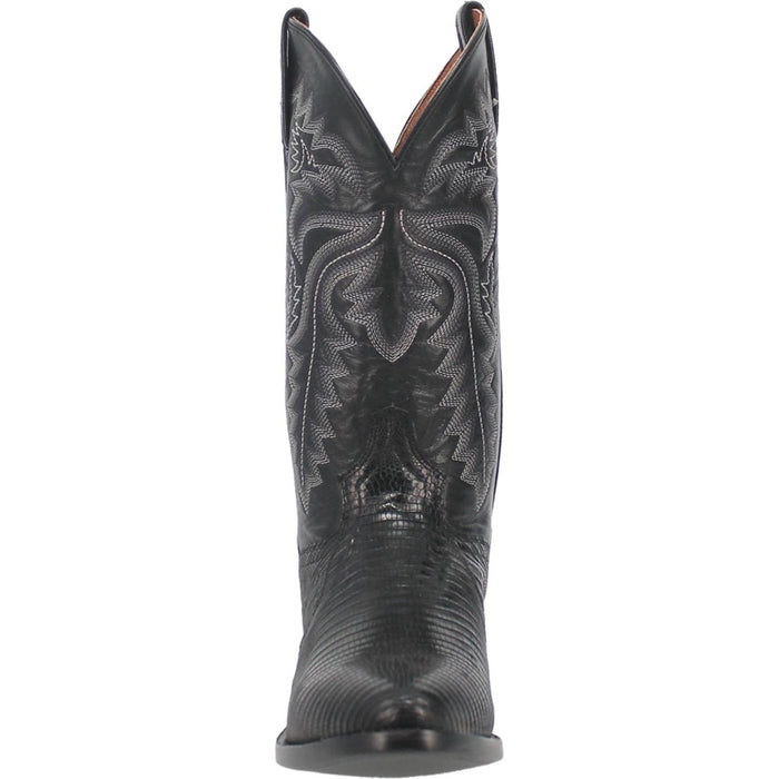 Dan Post Men's Winston boots: Genuine lizard skin, dark brown, round toe, tall shaft with upward design. Intricate stitching. Smooth, flat sole. Classic western style.
