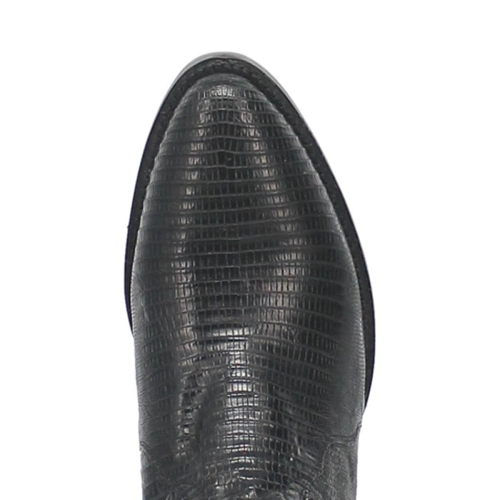 Dan Post Winston Men's boots with a round toe and genuine lizard leather. Light tan color, glossy finish, and textured pattern. Sleek, structured design.
