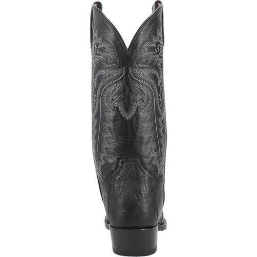 Dan Post Winston boots: Black genuine lizard skin with round toe. Western-style design with decorative stitching. Solid heel for stability. Smooth sole.
