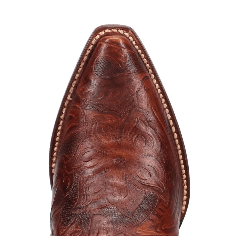 Dan Post Women's Andrinna boots. Rich brown leather with a snip toe. Intricate floral embossing on the upper. Contrasting stitching adds detail.
