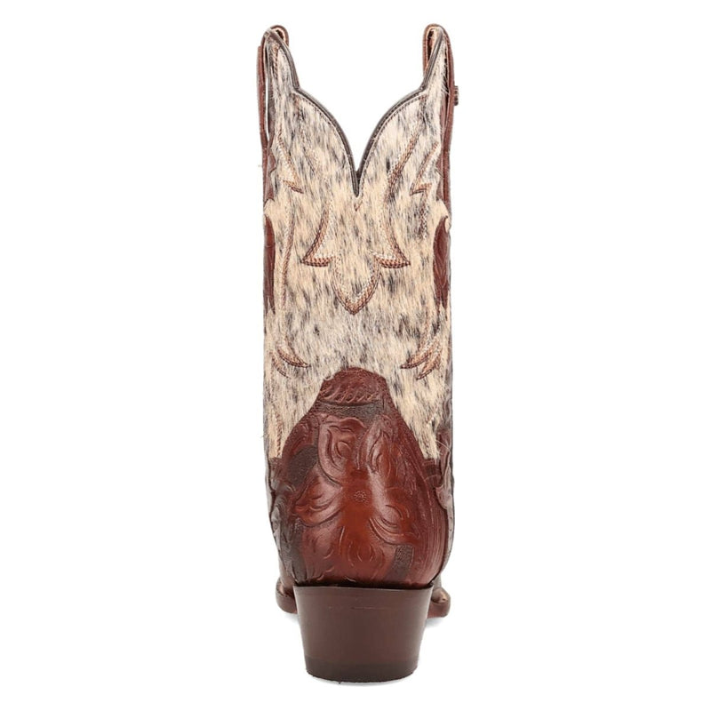 Dan Post Women's Andrinna boots: Tall, snip-toe design. Light brown leather upper with darker textured accents. Decorative embossed back and hair-on-hide panel. Modestly stacked heel.
