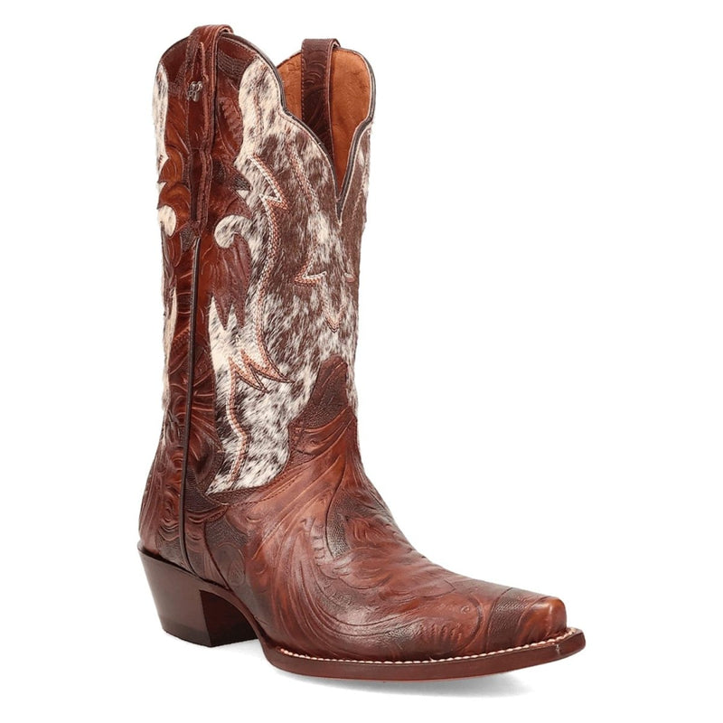 Dan Post women's Andrinna boots: brown leather with embossed floral and swirl patterns. Features hair-on-hide section, snip toe, short stacked heel, and wider top opening for easy wear. Classic cowboy boot style.
