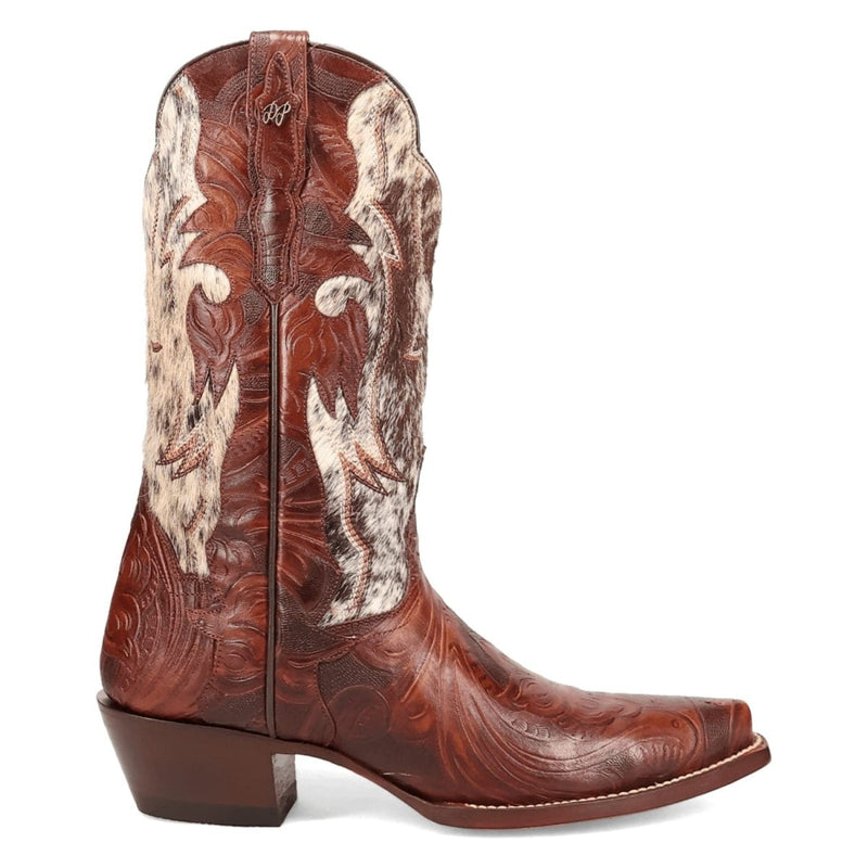 Dan Post Andrinna snip toe boots. Brown leather with floral embossing and fur accents. Curved shaft, narrow snip toe, and stacked heel. Distinctive contrast and feminine design.
