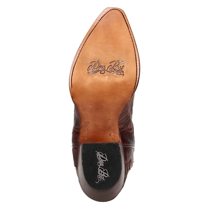 Brown Dan Post Andrinna snip-toe leather boots. Pointed toe, leather sole with black rubber heel cap. Intricate stitching details for enhanced structure. Smooth finish.
