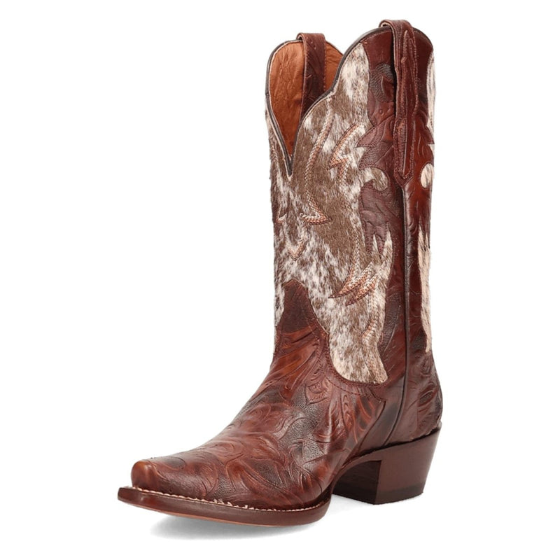 Dan Post Women's Andrinna boots: brown leather, snip toe, decorative stitching. Contrasting patterned panel, slightly raised heel. Floral embossing, traditional western silhouette.
