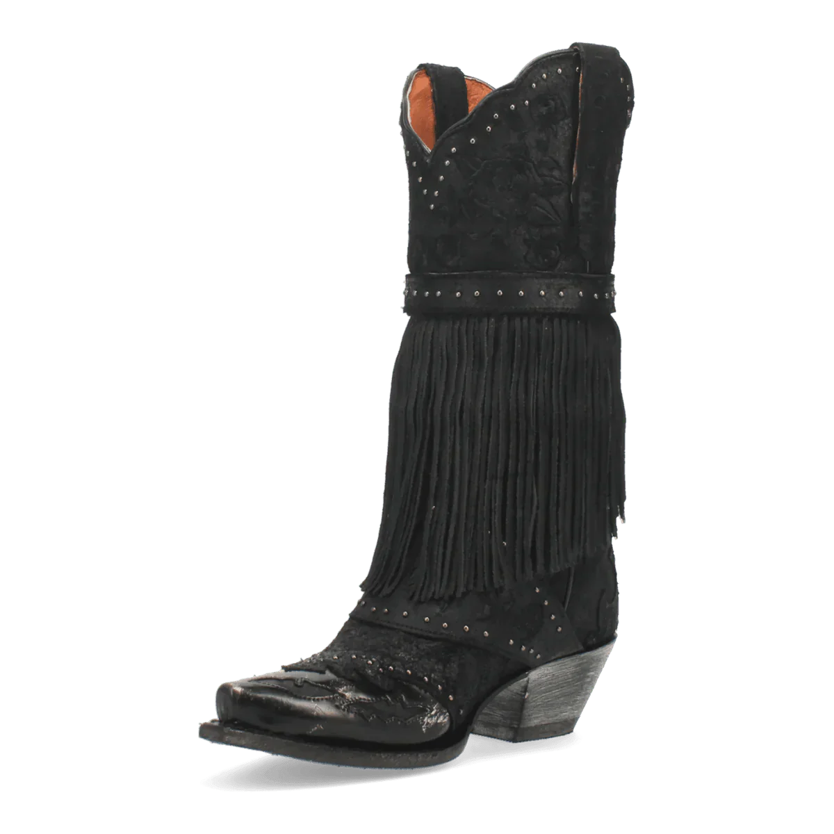Dan Post women's Bed of Roses boots: Black leather upper, fringed detail with silver studs. Floral shaft design, snip toe, stacked heel. Orange interior lining.
