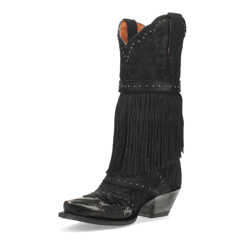 Dan Post women's Bed of Roses boots: Black leather upper, fringed detail with silver studs. Floral shaft design, snip toe, stacked heel. Orange interior lining.
