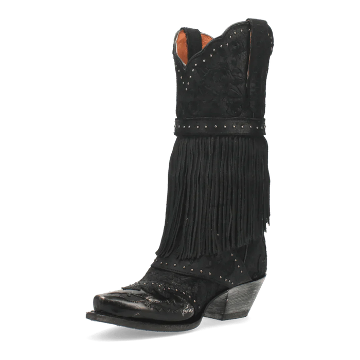 Dan Post women's Bed of Roses boots: Black leather upper, fringed detail with silver studs. Floral shaft design, snip toe, stacked heel. Orange interior lining.
