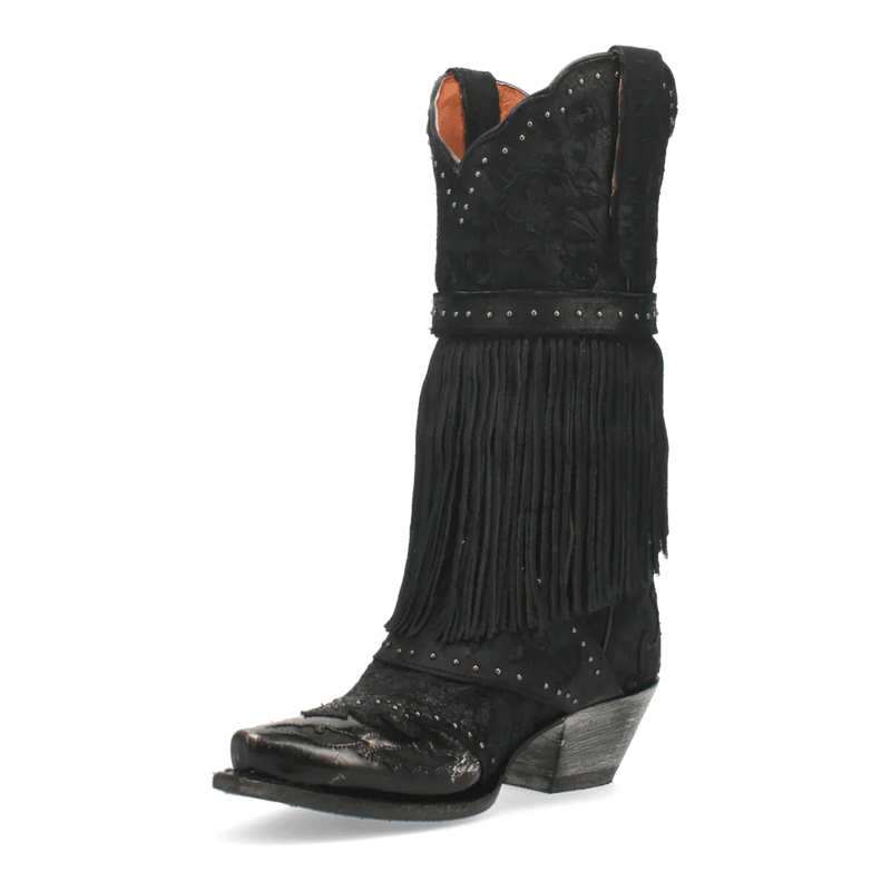 Dan Post women's Bed of Roses boots: Black leather upper, fringed detail with silver studs. Floral shaft design, snip toe, stacked heel. Orange interior lining.

