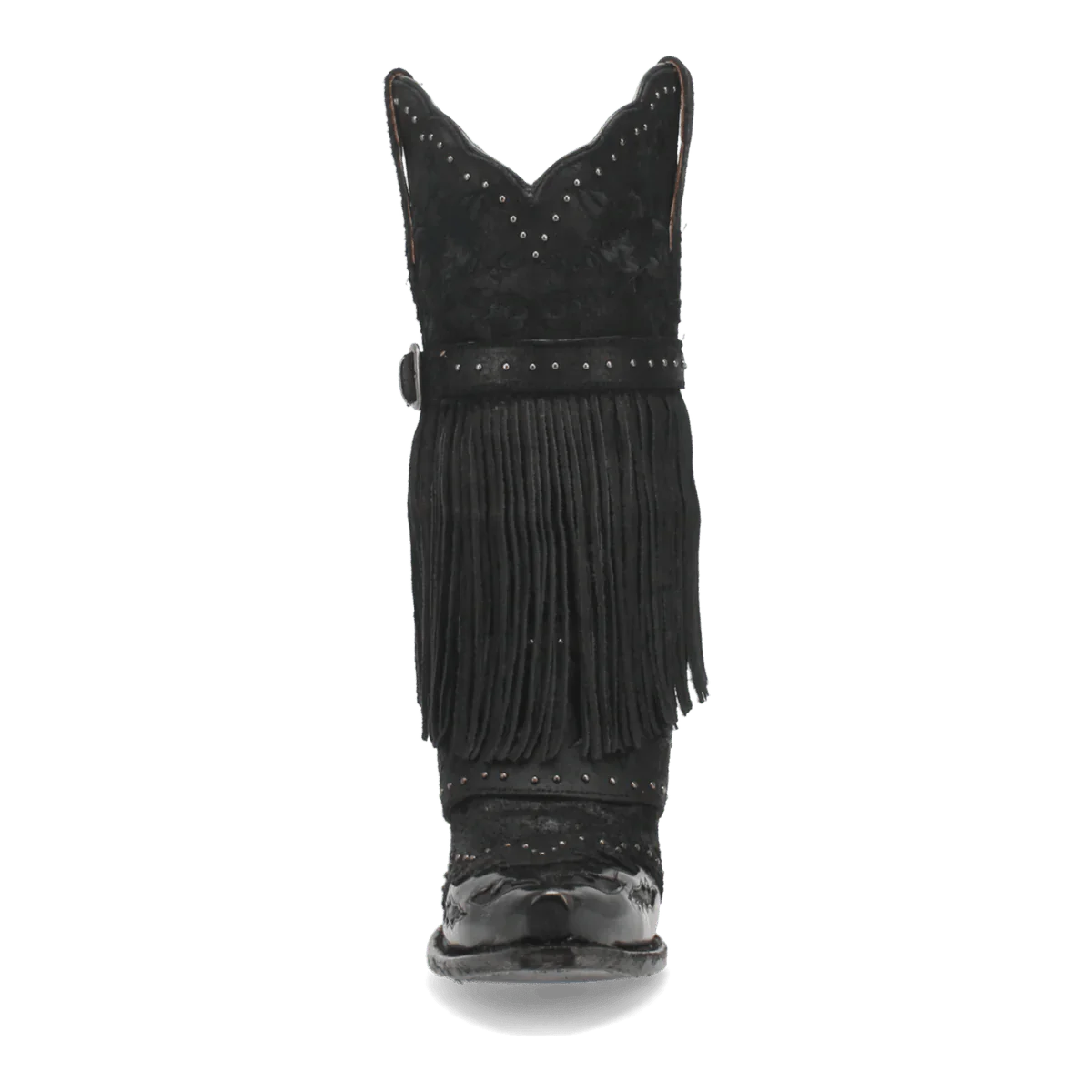 Dan Post women's black leather Bed of Roses boots. Snip toe, fringe detail, and decorative stitching. Silver studs embellish the shaft. Sturdy, slightly elevated heel.
