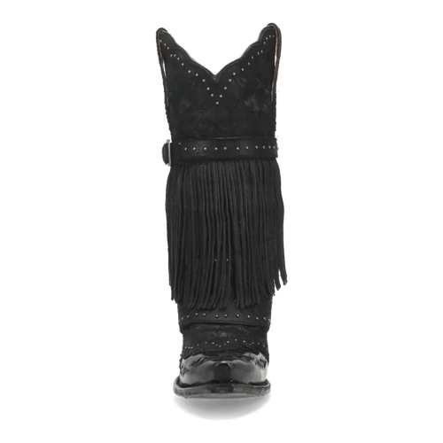 Dan Post women's black leather Bed of Roses boots. Snip toe, fringe detail, and decorative stitching. Silver studs embellish the shaft. Sturdy, slightly elevated heel.
